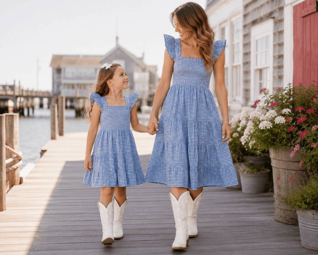 Mommy and Me Matching blue Gingham Dresses and White Boots