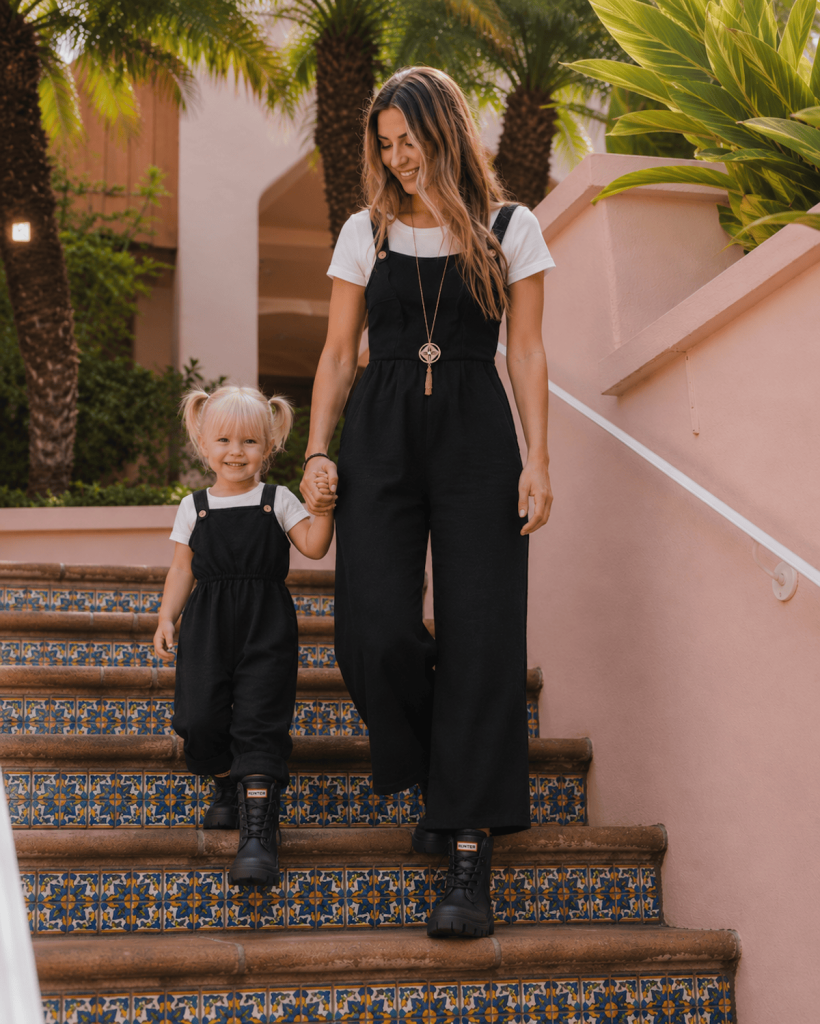 Mother Daughter Matching Black Overalls and Black Waterproof Ankle Boots