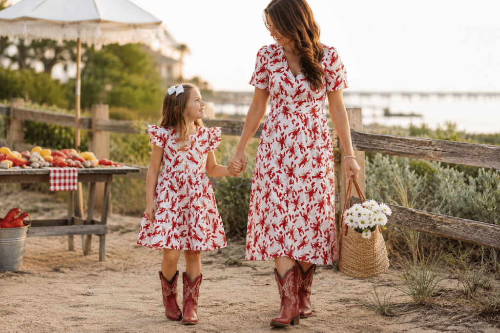 Mother daughter matching lobster bake dresses and matching red boots