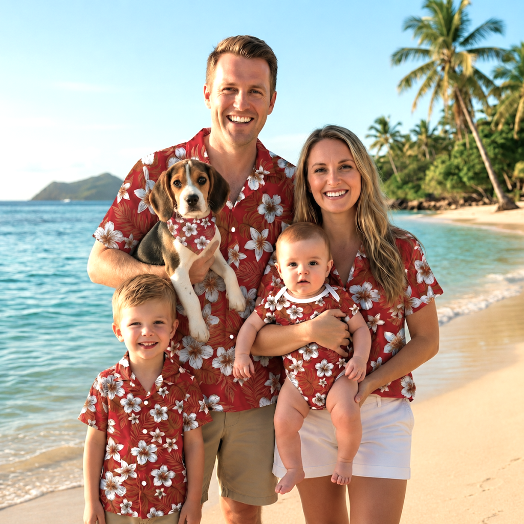 Pet and Family Matching Red Hibiscus Hawaiian Outfit