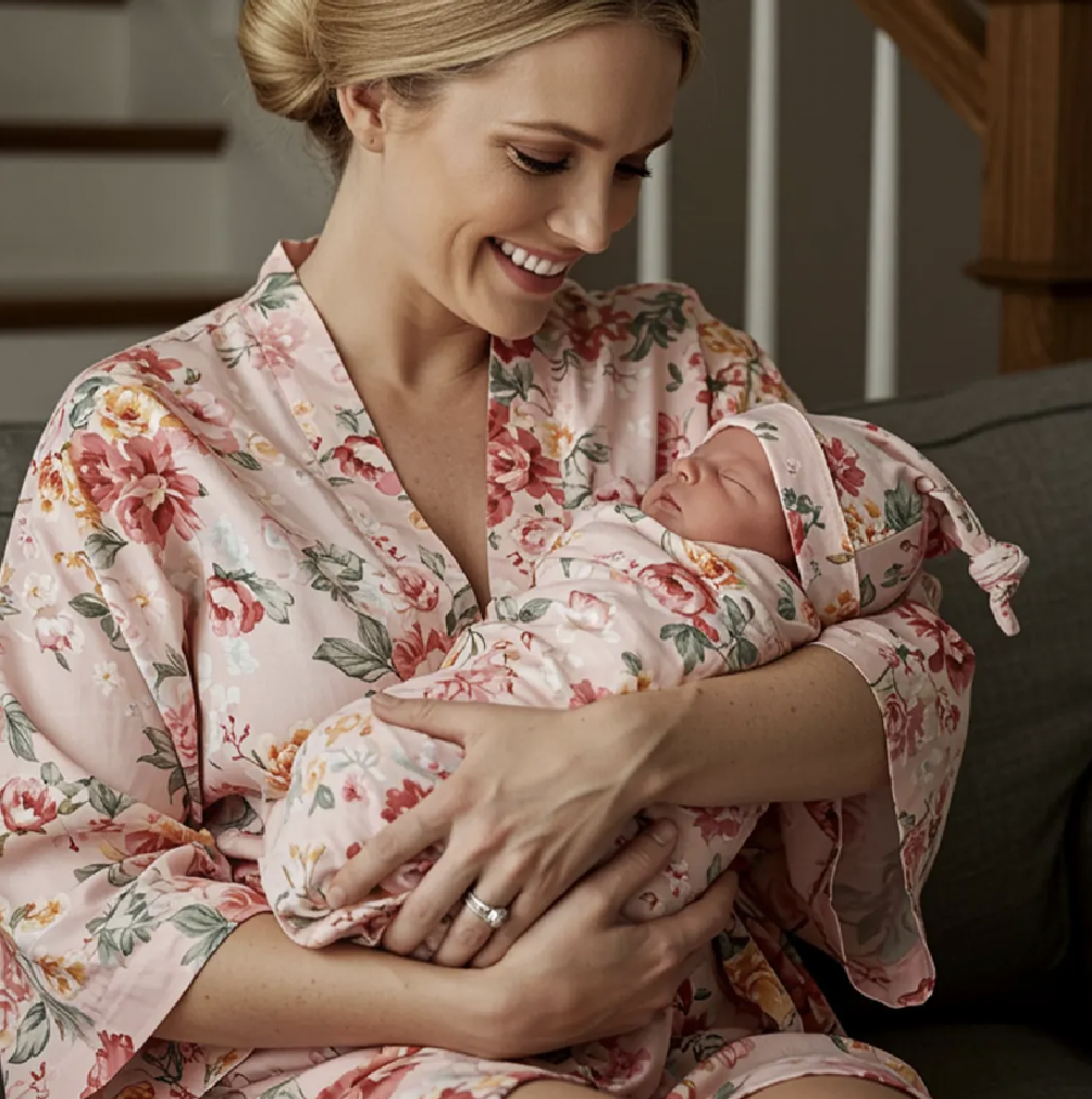 Pink Floral Maternity Matching Robe and Swaddle Set
