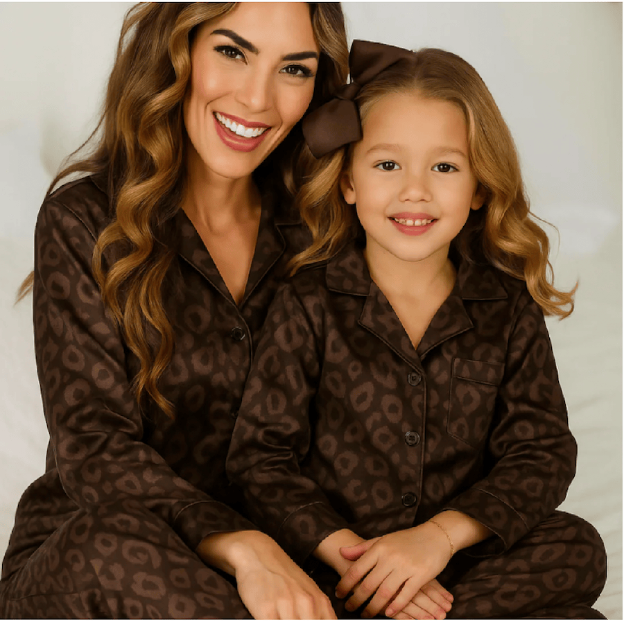 Mommy and Me Brown Leopard Print Silk Pajama Set