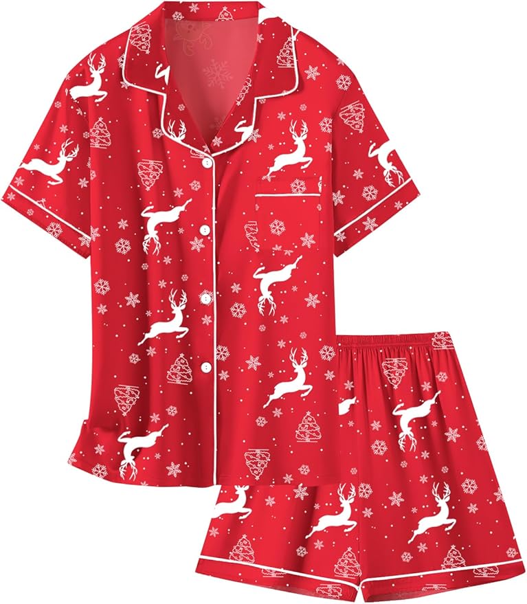 Mommy and Me Matching Red Satin Short Christmas Tree Pajamas