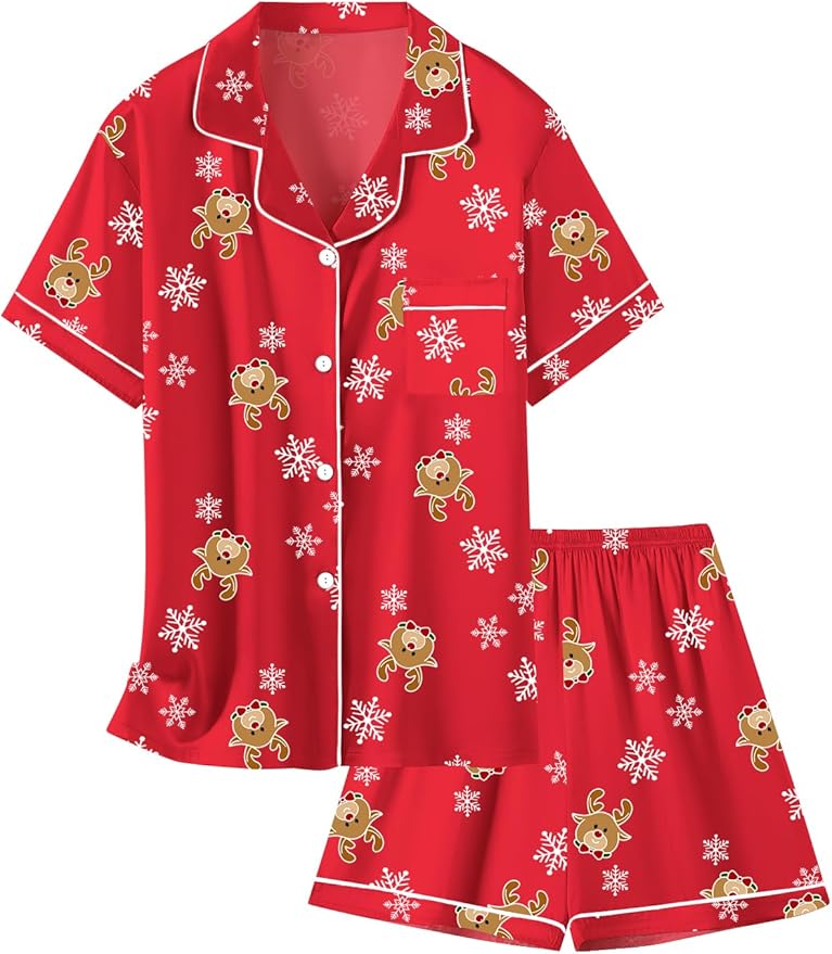 Mommy and Me Red Satin Christmas Short Reindeer Pajamas