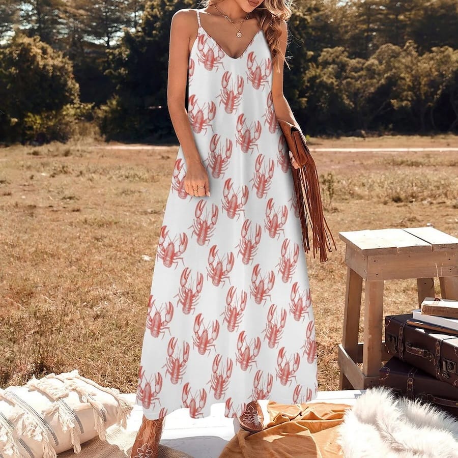 Coastal Summer Lobster Print Ankle-Length Slip Dress