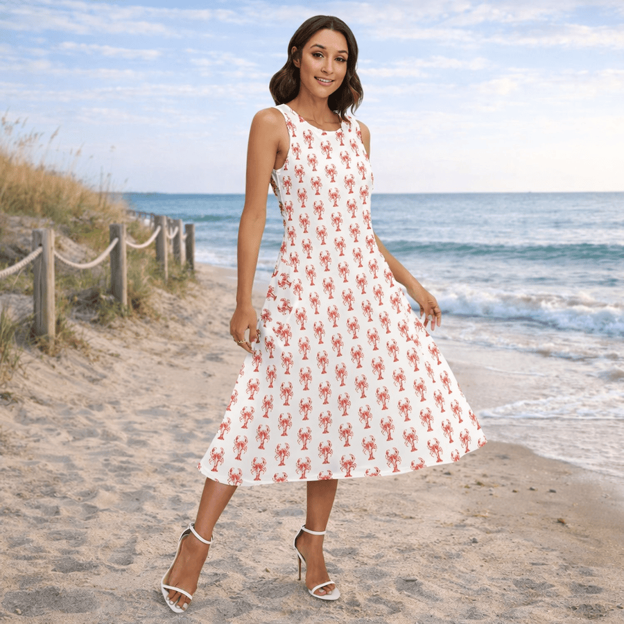 Lobster Print Women's Sleeveless Dress With Diagonal Pockets