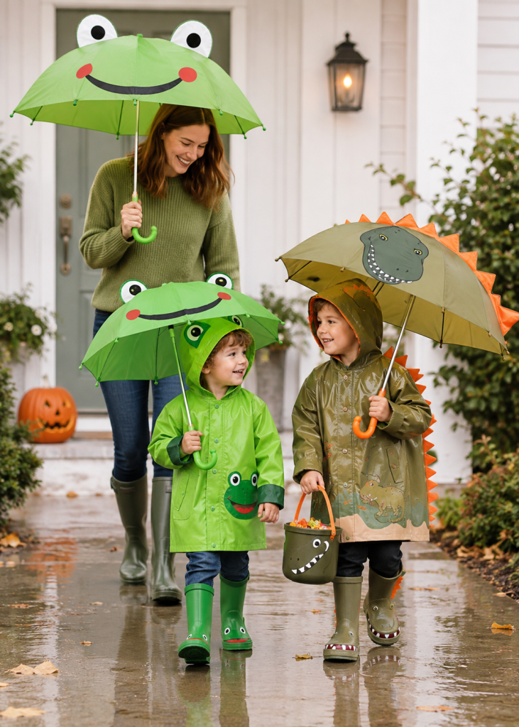 Family Matching Dinosaur and Frog Rain Gear as Halloween Costumes