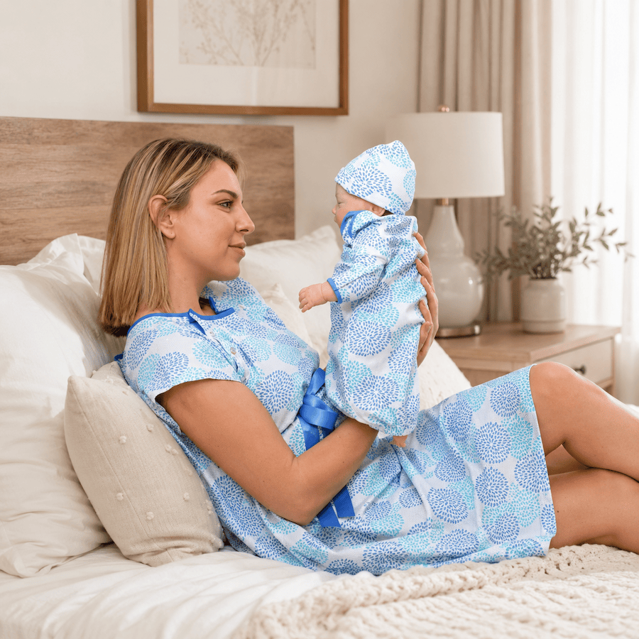 Blue Labor and Delivery Hospital Nuring Gown with Matching Newborn Sack