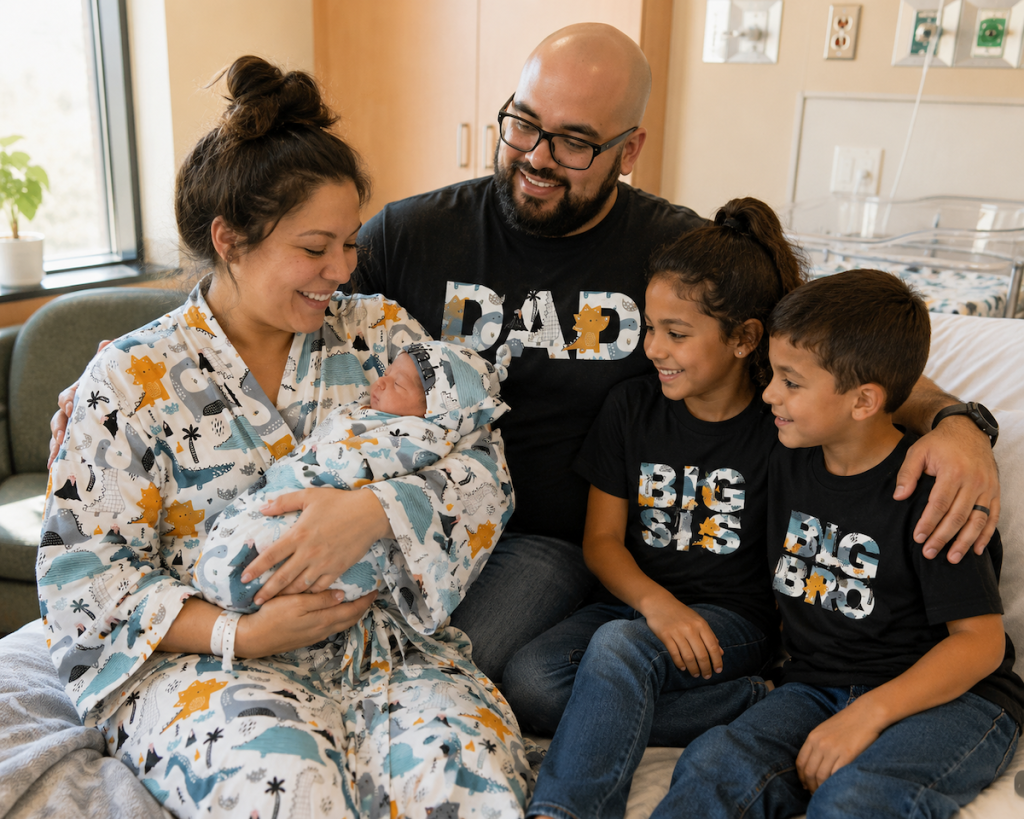 Mom wearing a dinosaur maternity robe holding a newborn in a matching swaddle while Dad and siblings wear coordinating dinosaur T-shirts.
