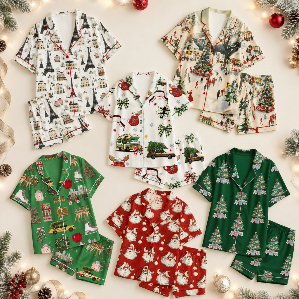 Family Matching Whimsical Short Sleeve Satin Christmas Pajamas